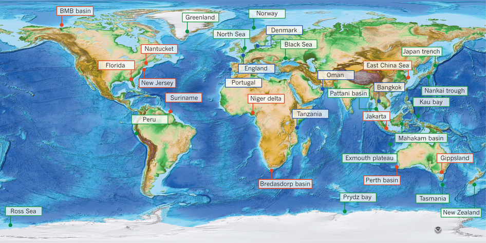 Figure 1: World map of topography and bathymetry showing known occurrences of fresh and brackish offshore groundwater.